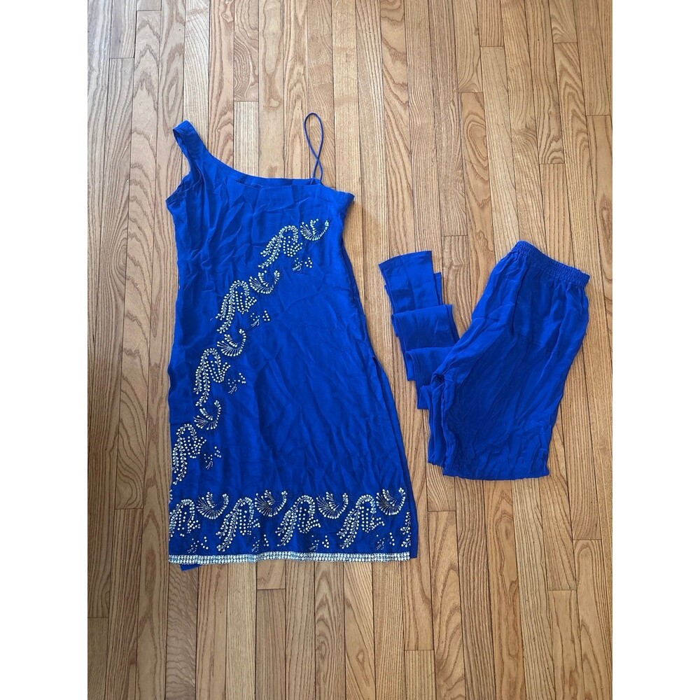 Indo-Western royal blue one shoulder kurti set churidar pants embroidered formal